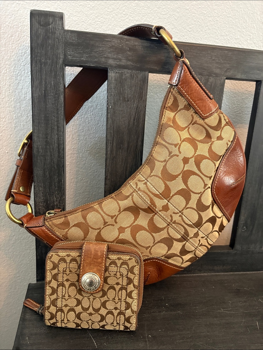 Coach Khaki/Tan Signature Canvas Hobo with Brown Leather Trim